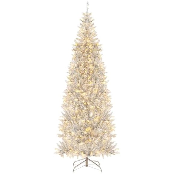 HOMGX 7ft Prelit Pencil , Silver Tinsel Tree w/ 400 Warm-White LEDs, 1030 Tips for Holiday Party Decor Home, New PVC Material, Stunning Hinged Slim Xmas Tree