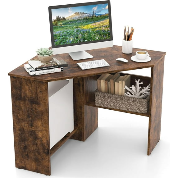 HOMGX Corner Computer Desk, Triangle Desk with Storage Shelves, Small Corner Desk for Small Spaces, Corner Vanity Desk for Home, Bedroom, Living Room, Office (Coffee)