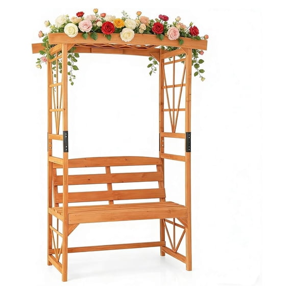HOMGX Garden Arbor with , Patio Wooden Arch w/Pergola & Side Trellis for Climbing Plants Vines, ''W x 75''H 2-Seater Outdoor Archway Decoration for Lawn Wedding Party Ceremony Backyard