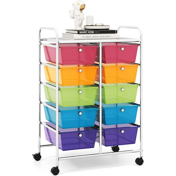 HOMGX Rolling Cart with 10 Drawers, 10 Tiers Multicolor Trolley, Drawer Bin Carts with 2 Lockable Wheels, Adjustable File & Debris Organizer Cart, Rolling Storage Cart for Office, School, Home