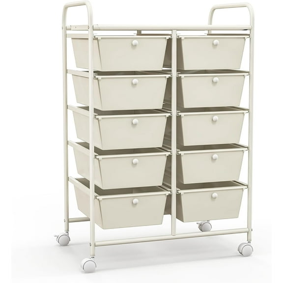 HOMGX Rolling Storage Cart with 10 Drawers, 2 x 5 Shelves with Lockable Wheels, Rolling Cart Organizer for Office/School/Home, White