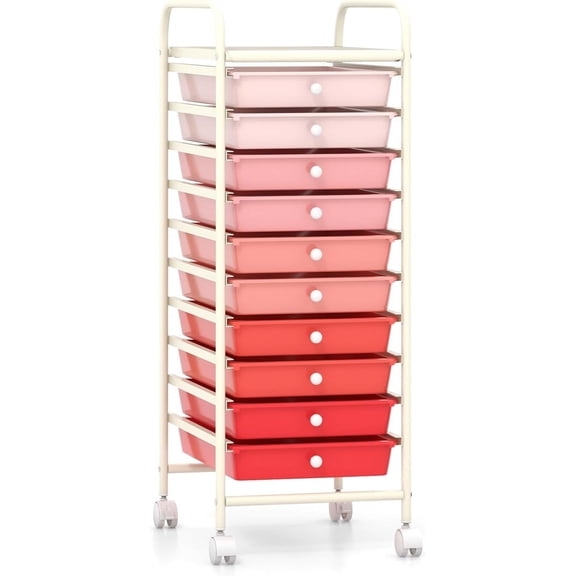 HOMGX Storage Cart with 10 Drawers, 10 Tiers Rolling Drawer Cart with 2 Lockable Wheels, Slim Rolling Storage Cart for Office/School/Home, Gradient Pink