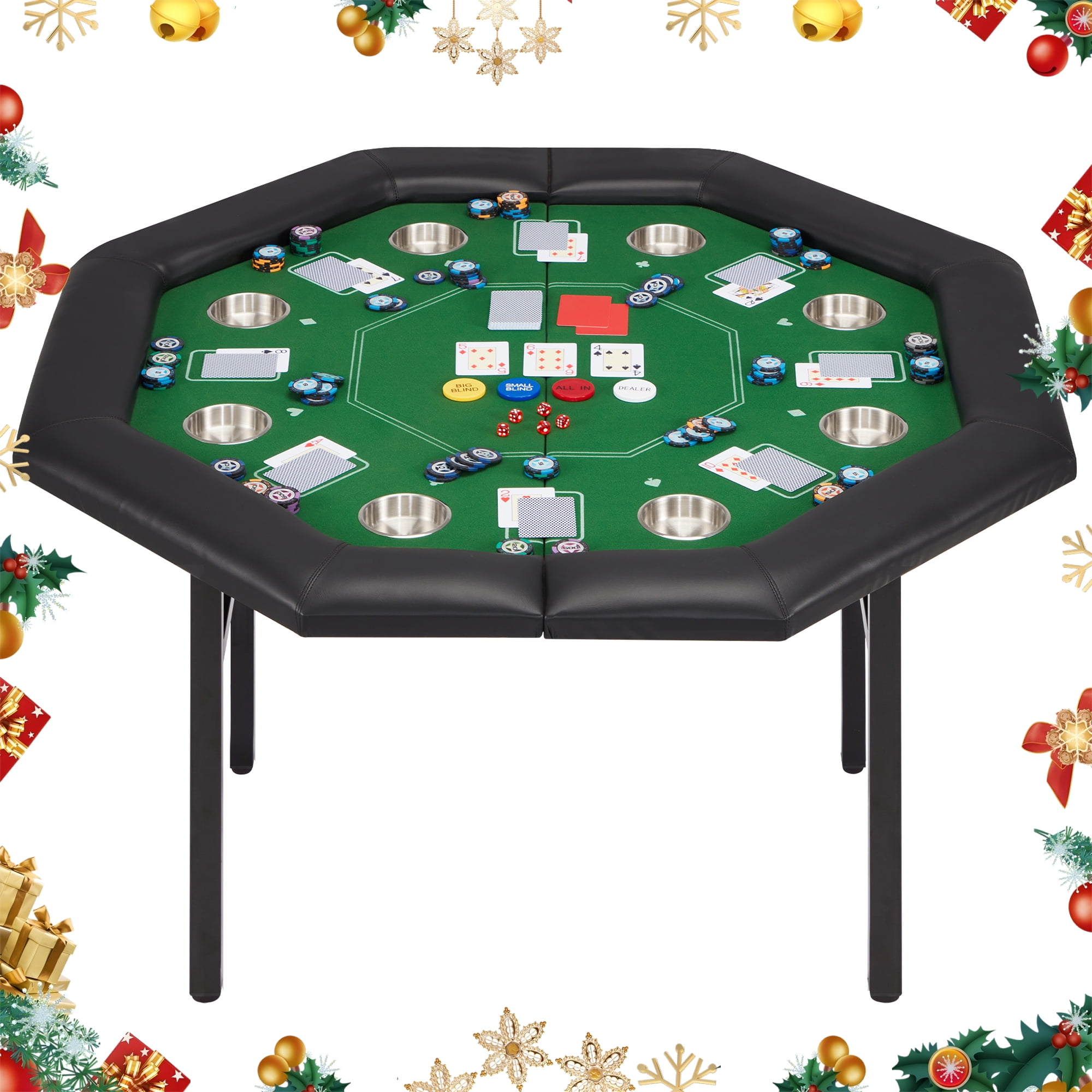 HOMHUM 8-Player Poker Table Foldable, Casino Leisure Gaming Table w/Padded Rails & Stainless Steel Cup Holders, Folding Octagon Texas Holdem Poker Table, Green