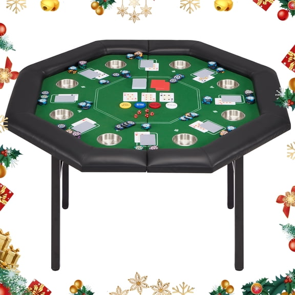 HOMHUM 8-Player Poker Table Foldable, Casino Leisure Gaming Table w/Padded Rails & Stainless Steel Cup Holders, Folding Octagon Texas Holdem Poker Table, Green