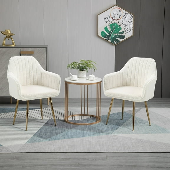 HOMHUM Accent Arm Chairs Upholstered Velvet Dining Chairs Set of 2, Golden Legs, Indoor, White