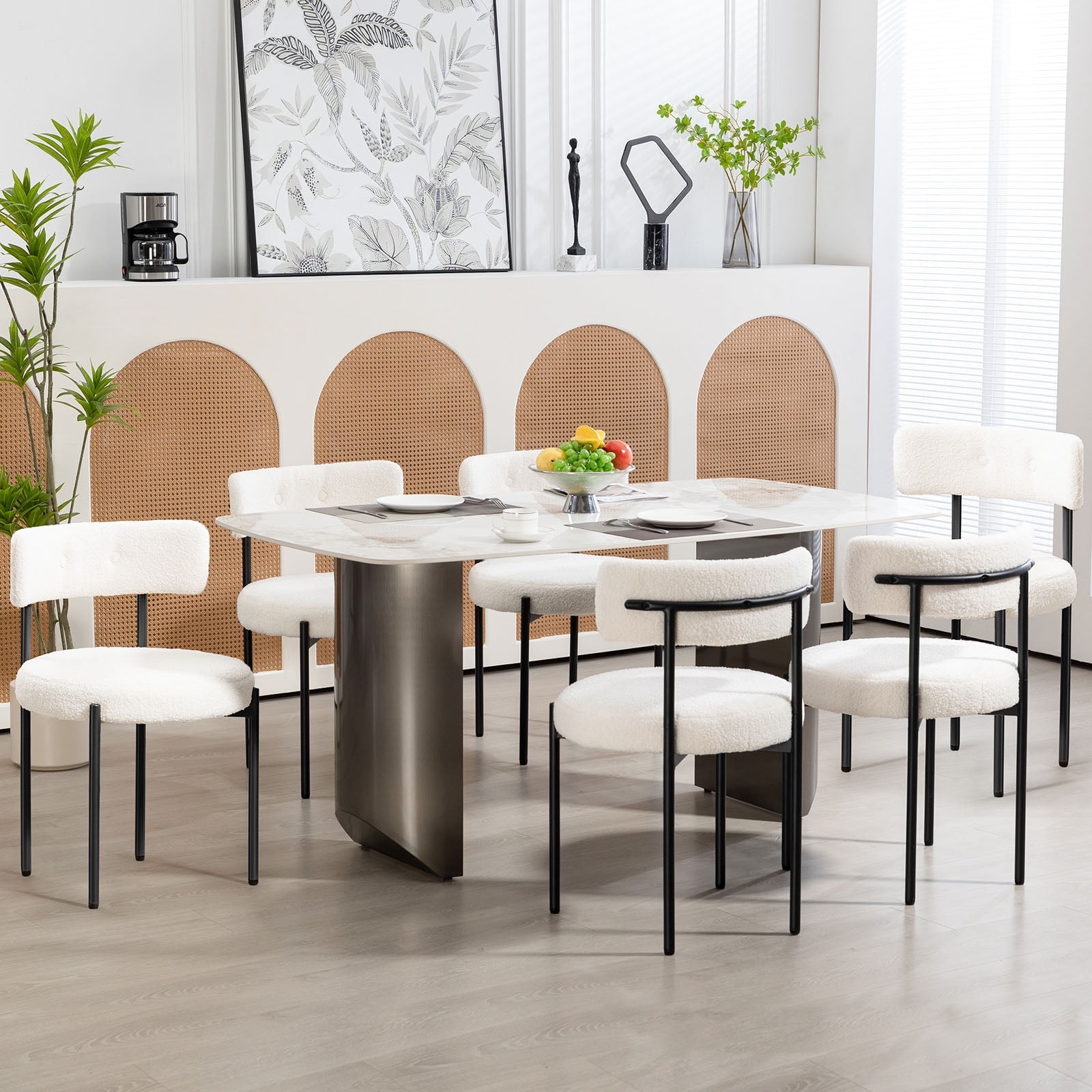 Homhum Mid-Century Modern Dining Chairs Set of 6, Upholstered Boucle Chairs, Indoor, White/Black
