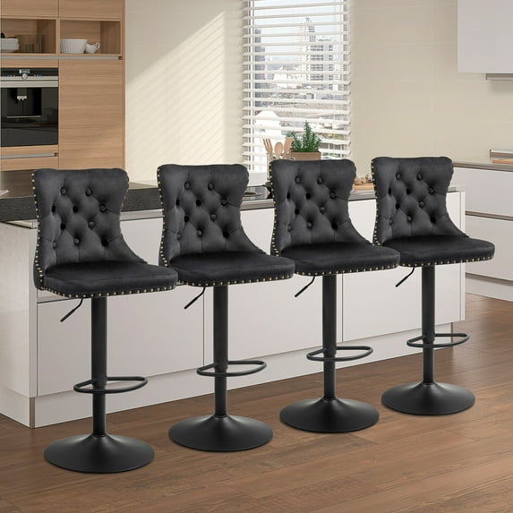 Homhum 360° Swivel Bar Stools Set of 4, Button Tufted Island Stools, Adjustable Seat Height, Black