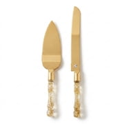 HOMI STYLES 2-Piece Non-Slip Wedding Cake Knife and Server Set with Glitter Gold Color Plastic Handles