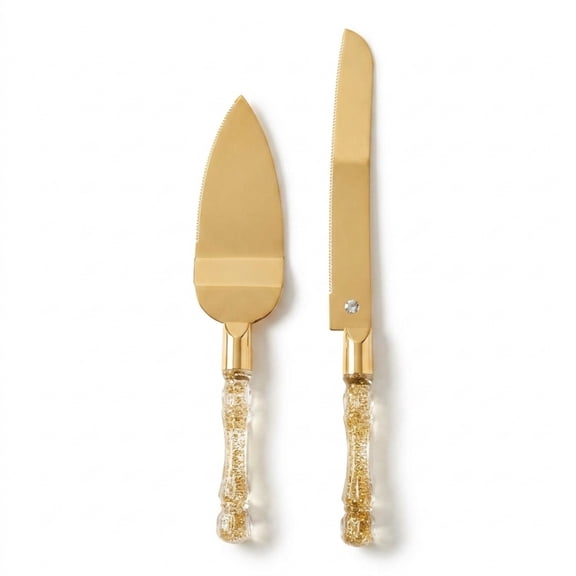 HOMI STYLES 2-Piece Non-Slip Wedding Cake Knife and Server Set with Glitter Gold Color Plastic Handles