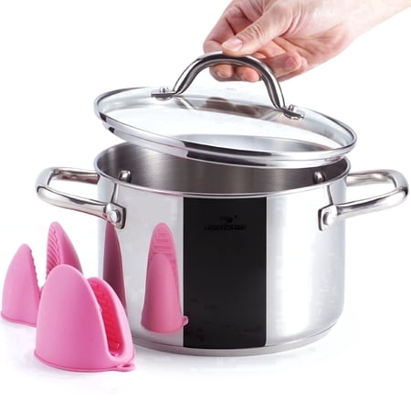 Homichef Stock Pot, 4 Quart Small Nickel Free Stainless Steel Pot, Mirror Polished with Glass Lid & Mitts, Induction Compatible