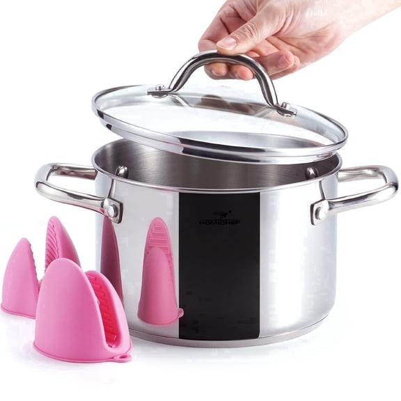 Homichef Stock Pot, 4 Quart Small Nickel Free Stainless Steel Pot, Mirror Polished with Glass Lid & Mitts, Induction Compatible