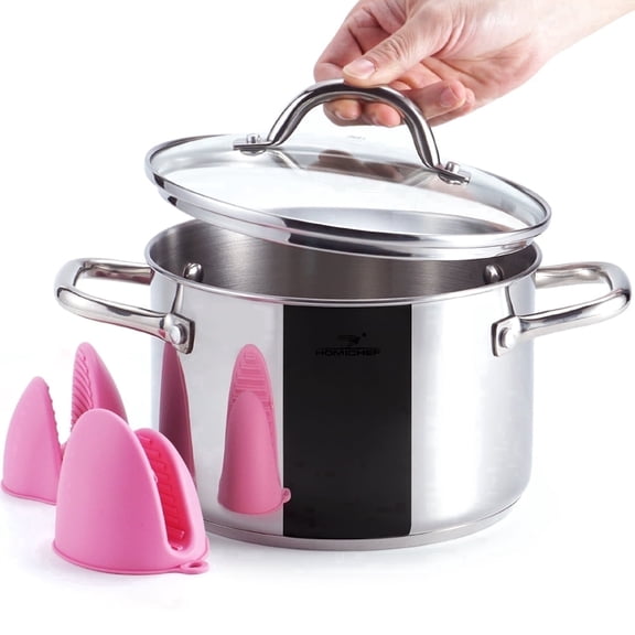 HOMICHEF 4 Quart Small Stock Pot Nickel Free Stainless Steel, Mirror Polished Induction Stockpot with Glass Lid & Mitts