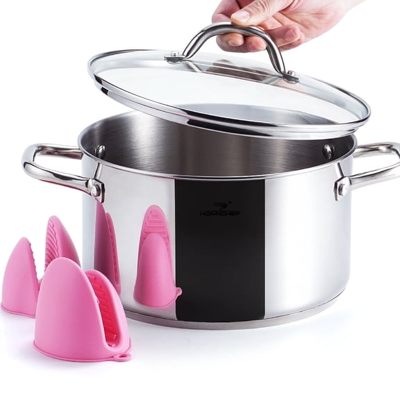 Homichef Stockpot, 6 Quart Nickel Free Stainless Steel Pot, Mirror Polished with Lid & Mitts