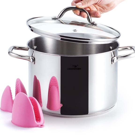 HOMICHEF 8 Quart Nickel Free Stainless Steel Stock Pot with Lid & Mitts, Mirror Polished Healthy Soup Pot for Induction