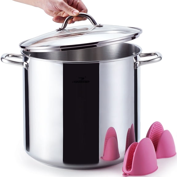 HOMICHEF 20 Quart LARGE STOCK POT With Lid & Mitts, Nickel Free Stainless Steel Polished Stockpots, Heavy Duty Induction Pot