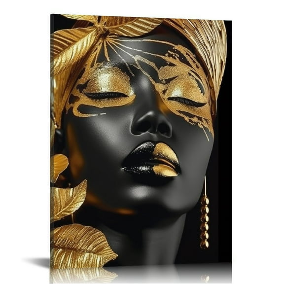 HOMICOZI African Portrait Artwork Black and Gold Black Woman Tropical Leaves Inspirational Print Bathroom Decor Motivational Quotes Canvas Painting for Living Room Wall Art Framed 12x16inch