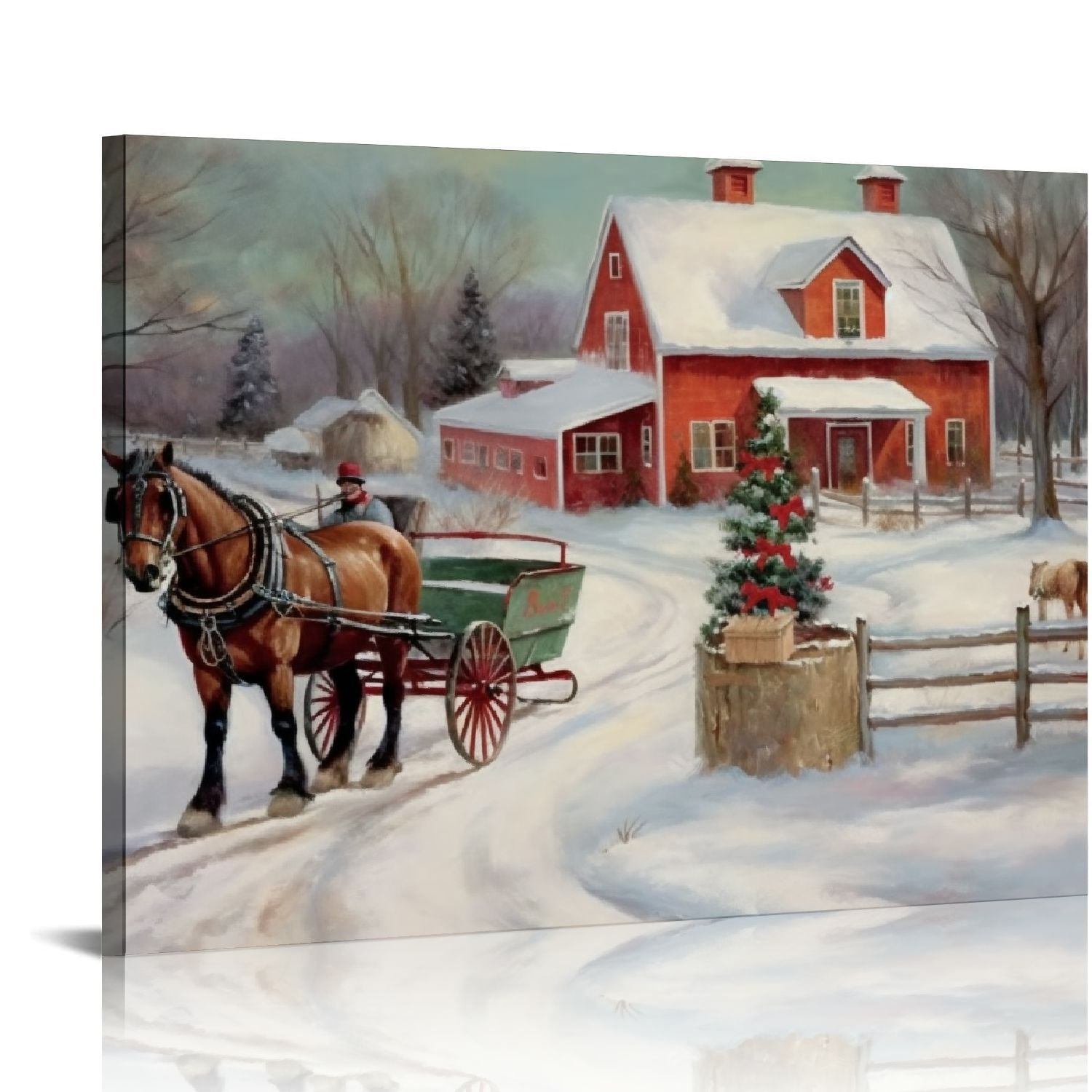 HOMICOZI Christmas Tree Farm Wall Art, Country Winter Scene with Red Barn, Charming Decorations