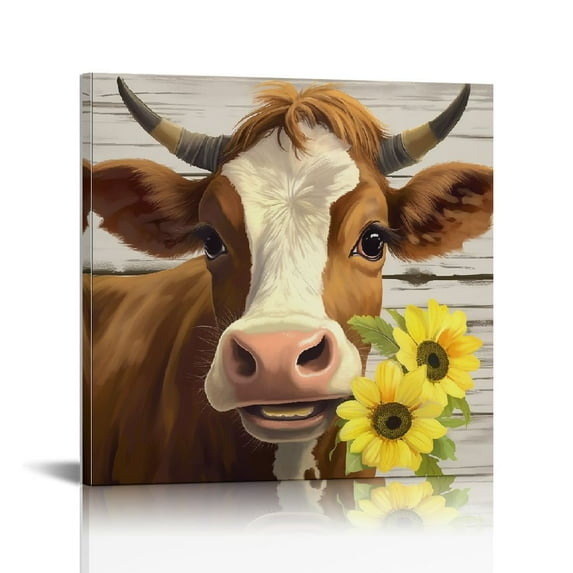 HOMICOZI Cow Pictures Wall Decor Country Farmhouse Canvas Wall Art Rustic Sunflower Bathroom Decor Framed Artwork Paintings for Wall Decorations for Bedroom Office Kitchen Living Room 16 X16in