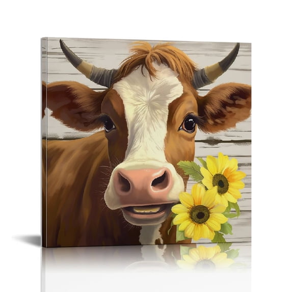 HOMICOZI Cow Pictures Wall Decor Country Farmhouse Canvas Wall Art Rustic Sunflower Bathroom Decor Framed Artwork Paintings for Wall Decorations for Bedroom Office Kitchen Living Room 16 X16in