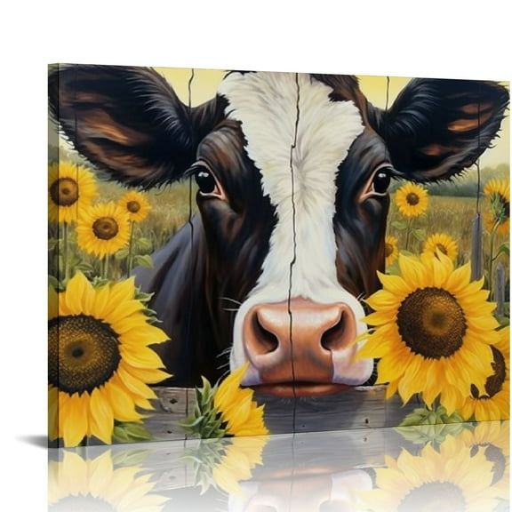 HOMICOZI Cow Wall Art Farmhouse Cow Pictures Wall Decor Country Sunflower and Cow Painting Canvas Print Decor Rustic Wall Decor for Kitchen Bathroom Dining Room Framed Artwork Farm Cow Wall