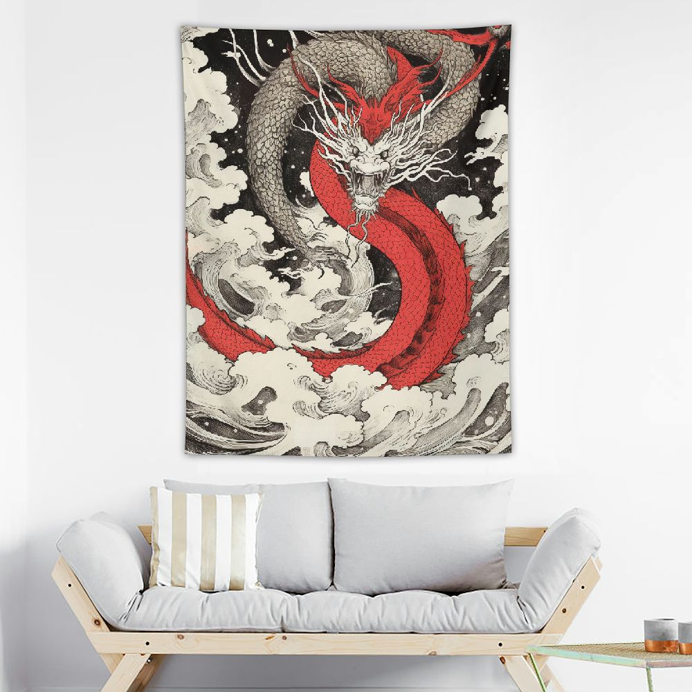 Japanischer Wandteppich – Great Wave Mit Drache & Roter Sonne, Schwarz, 228x177 Cm, Polyester