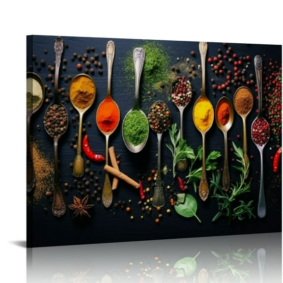 HOMICOZI Kitchen Pictures Wall Decor Couful Spice in Spoon Vintage Canvas Wall Art Food Photos Painting On Canvas Stretched and Framed for Home Decoration Gift Ready to Hang