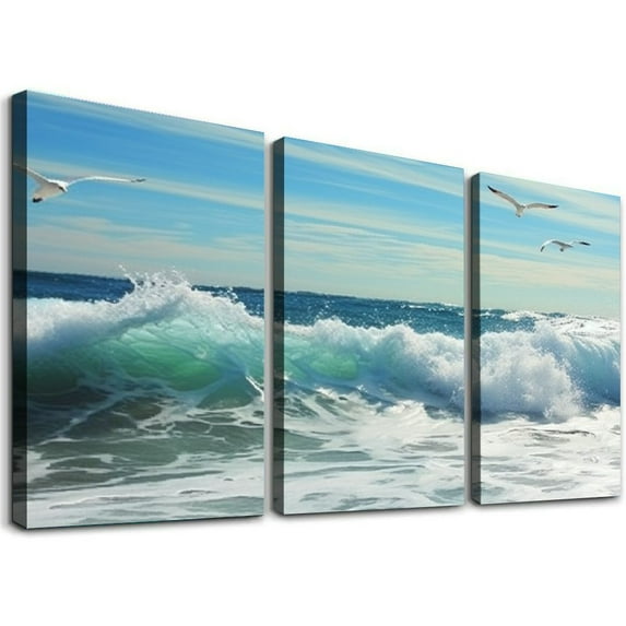 HOMICOZI Ocean Waves Canvas Wall Art for Living Room Wall Decor Summer Beach Canvas Pictures Blue Surfing Water Birds on Sea Canvas Prints Artwork Framed Ready to Hang 12''x16''X3 Panels