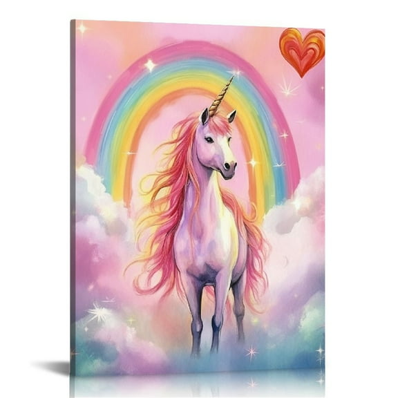 HOMICOZI Pink Unicorn Love Heart Canvas Wall Art Pictures Colorful Rainbow Cloud Prints Wall Decor Artwork Painting Framed for Kids Girls Bedroom Decor Children Party
