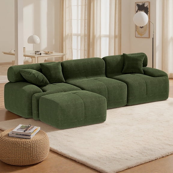 HOMIER 118" L-Shaped Boneless Modular Sectional Sofa, Modern Chenille Sofa for Living Room,Oversized 3-Seater Couch with Deep Seat and Movable Ottoman,No Assembly,Green
