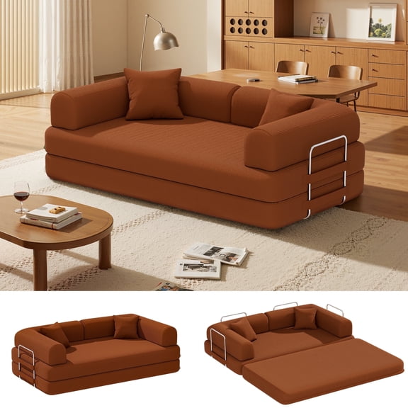 HOMIER Convertible Sleeper Sofa Bed with Cylindrical Pillow, Corduroy Folding Mattress Couch with Fixed-Shape Frame, Floor Sofa Lounge Couch for Living Room Bedroom Lounge Studio, Orange