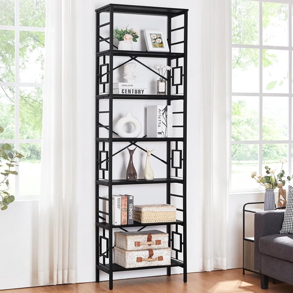 HOMISSUE Tall Bookshelf, 84 Inch  Bookshelf with Metal Frame and Open Shelves, 7 Tier Metal Bookshelves and Bookcases, Rustic Tall Book Shelf for Office, Living Room and Bedroom, Black