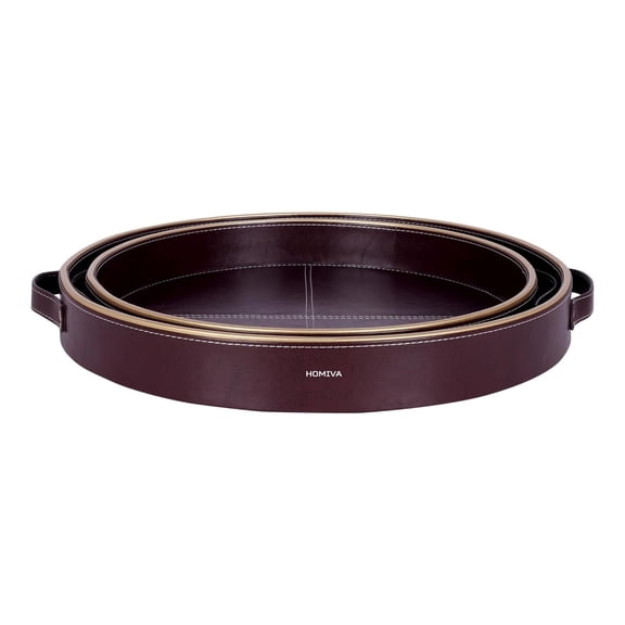 HOMIVA 2-Piece Round Faux Leather Serving Tray Set Dark Brown With Gold Rimmed
