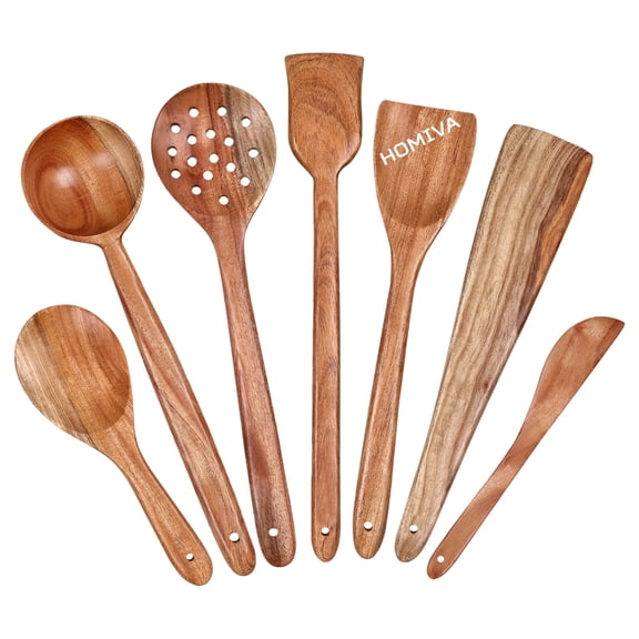 HOMIVA 7-Piece Acacia Wood Spatulas Set for Nonstick Cookware