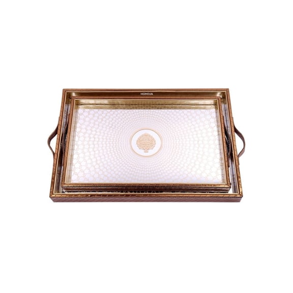 HOMIVA Set of 2 Rectangular Chocolate Brown Faux Leatherette Trays with Side Handles