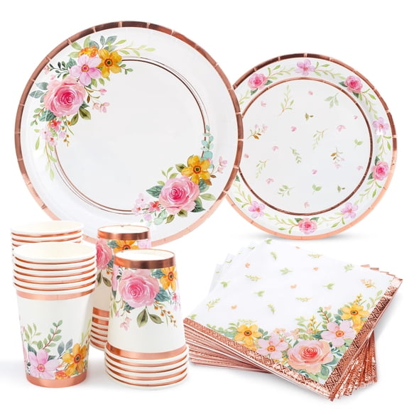 HOMIX Floral Paper Plates and Napkins AFN1Cups Sets Pink Flower Tea Party Supplies Disposable Dinnerware Sets Serves 24 for Bridal Shower, Birthdays