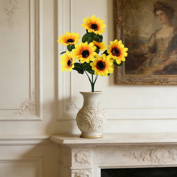 HOMKYO 11.8in Artificial Sunflower Stem, Silk Fake Floral Bouquet, Home Table Vase Wedding Centerpiece(B)