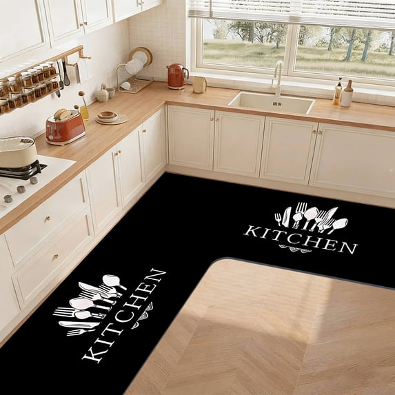 HOMKYO 47.2x29.5in L Shaped Kitchen Rug, Absorbent Corner Mat, Non Slip Washable Carpet for Kitchen(BlackA)