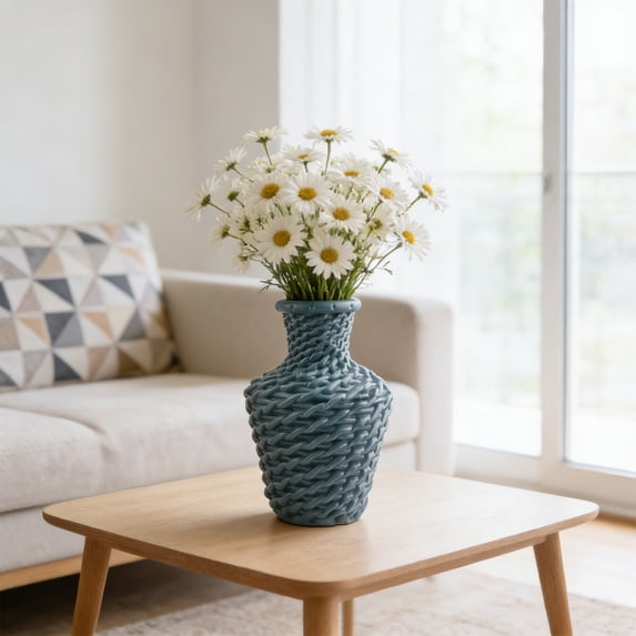 HOMKYO 7.48in Shatterproof Plastic Vase, Faux Rattan Floral Vase, Home Decor Centerpiece, Waterproof Flower Vase for Living Room Dining Table(Blue)