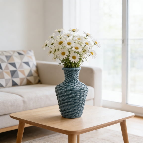 HOMKYO 7.48in Shatterproof Plastic Vase, Faux Rattan Floral Vase, Home Decor Centerpiece, Waterproof Flower Vase for Living Room Dining Table(Blue)