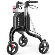 HOMLAND 3-Wheel Folding Walkers for Seniors, Lightweight Three Wheel Walker with Cane and Cup Holder, Height Adjustable Narrow Space Mobility Aid - Black