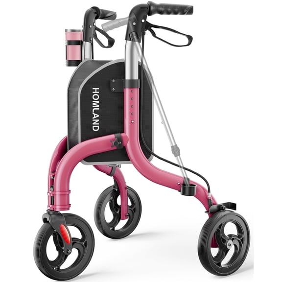 HOMLAND 3-Wheel Folding Walkers for Seniors, Lightweight Three Wheel Walker with Cane and Cup Holder, Height Adjustable Narrow Space Mobility Aid - Red