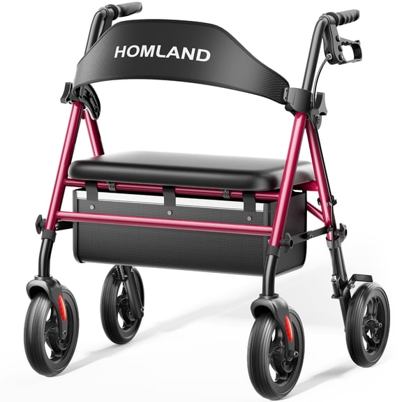 HOMLAND 500lb Bariatric Rollator Walker for Seniors, Heavy-Duty Folding Mobility Aid with 19.7" Extra-Wide Padded Seat, 8" All-Terrain Wheels,Red
