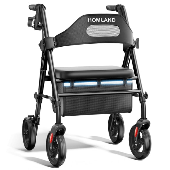 HOMLAND Foldable Rollator Walker with Memory Foam Seat for Seniors, 350 lb. Capacity Heavy-Duty Mobility Walker, 8'' Big Wheels, Black
