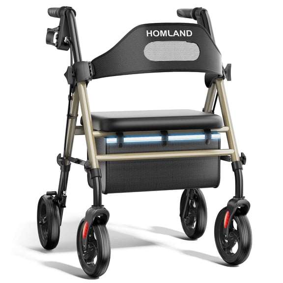 HOMLAND Foldable Rollator Walker with Memory Foam Seat for Seniors, 350 lb. Capacity Heavy-Duty Mobility Walker, 8'' Big Wheels, Champagne Gold