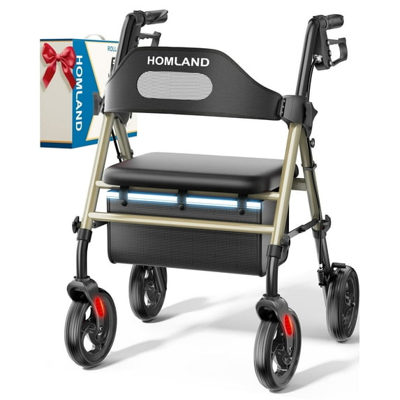 HOMLAND Foldable Rollator Walkers with Seat for Seniors, 8'' Big Wheels, 350 lb. Weight Capacity, Adjustable Handles and Seat Height, Lightweight Rolling Walker, Light Gold