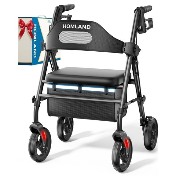 HOMLAND Foldable Rollator Walkers with Seat for Seniors, 8'' Big Wheels, 350 lb. Weight Capacity, Adjustable Handles and Seat Height, Lightweight Rolling Walker, Black