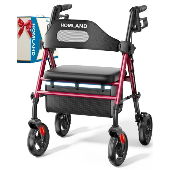 HOMLAND Foldable Rollator Walkers with Seat for Seniors, 8'' Big Wheels, 350 lb. Weight Capacity, Adjustable Handles and Seat Height, Lightweight Rolling Walker, Red