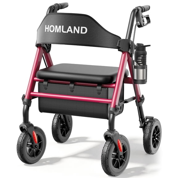 HOMLAND Walkers for Seniors with Memory Foam Seat, 350lb Capacity Heavy-Duty Aluminum Frame Adult Rollator, Foldable Mobility Walker Height-Adjustable 8" Big Rubber Wheels,Red