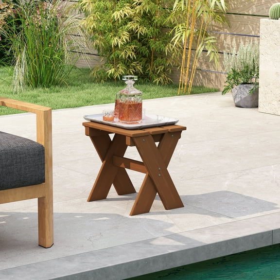 HOMLUX 17" x 18" Meranti Wood Outdoor Patio Side Table with Flower Stand, Teak‑Oil Finish