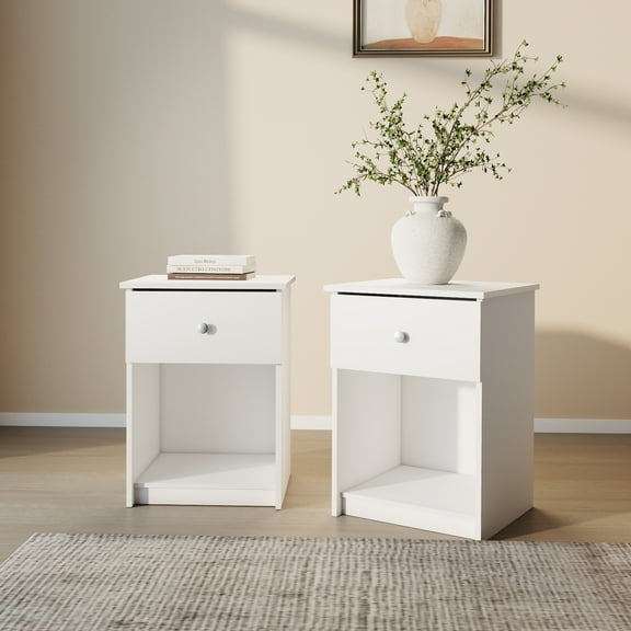 HOMLUX 2-Pack 15.6" x 17.8" x 24.2" Nightstand with Knob Modern End Table with Drawer & Open Storage, White